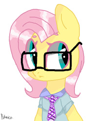 Size: 459x512 | Tagged: safe, artist:kilka-chan-yana, fluttershy, pegasus, pony, semi-anthro, beanbrows, clothes, eyebrows, glasses, necktie, shirt, simple background, solo, white background