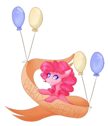 Size: 1384x1616 | Tagged: safe, artist:uunicornicc, pinkie pie, earth pony, pony, balloon, banner, female, looking sideways, mare, simple background, smiling, solo, transparent background