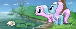 Size: 1318x500 | Tagged: safe, artist:saurabhinator, aloe, lotus blossom, earth pony, pony, duo, female, filly, flower, foal, pond, sisters, spa twins, water, water lily, younger