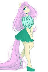 Size: 1024x1536 | Tagged: safe, artist:thenightdarksecret, fluttershy, anthro, plantigrade anthro, clothes, cute, dress, female, green dress, jewelry, legs, looking at you, miniskirt, moe, necklace, pleated skirt, pose, shoes, simple background, skirt, solo, white background