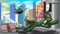 Size: 4096x2304 | Tagged: safe, artist:dsc-the-artist, fluttershy, oc, oc:epickitty, alicorn, pegasus, pony, alicorn oc, bank, building, city, crossover, f-16 fighting falcon, grand theft auto, gta v, imminent death, missile, money, plane, rocket