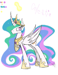 Size: 888x1150 | Tagged: safe, artist:didun850, princess celestia, alicorn, pony, curved horn, ethereal mane, female, glow, hoof shoes, horn, mare, raised hoof, reference sheet, signature, simple background, solo, starry mane, text, transparent background