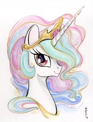 Size: 1338x1755 | Tagged: safe, artist:sararichard, princess celestia, alicorn, pony, bust, crown, cute, cutelestia, female, jewelry, looking at you, mare, portrait, profile, regalia, simple background, solo, traditional art, watercolor painting, white background