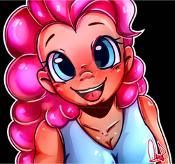 Size: 1024x963 | Tagged: safe, artist:paintcoloryt, pinkie pie, human, black background, blushing, breasts, cleavage, clothes, deviantart watermark, female, humanized, looking at you, obtrusive watermark, shirt, simple background, smiling, solo, watermark