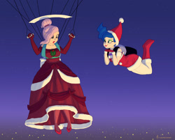 Size: 1290x1035 | Tagged: safe, artist:carnifex, princess celestia, princess luna, human, air ponyville, alternate hairstyle, boots, christmas, clothes, commission, costume, dress, duo, falling, gown, hat, holiday, humanized, miniskirt, night, parachute, royal sisters, santa costume, santa hat, shoes, skirt, skydiving