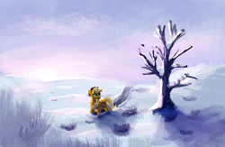 Size: 2000x1300 | Tagged: safe, artist:xbi, applejack, earth pony, pony, 30 minute art challenge, bare tree, color porn, female, mare, scenery, snow, solo, tree, winter