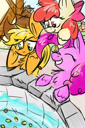 Size: 1024x1536 | Tagged: safe, artist:northwindsmlp, apple bloom, applejack, pinkie pie, earth pony, pony, bits, well, wishing well