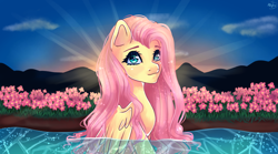 Size: 900x500 | Tagged: safe, artist:asttefany, fluttershy, pegasus, pony, female, flower, looking at you, mare, scenery, solo