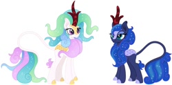 Size: 1104x544 | Tagged: safe, artist:cloudyglow, editor:thomasfan45, princess celestia, princess luna, kirin, cute, cutelestia, digital art, duo, duo female, female, kirin-ified, lunabetes, siblings, simple background, sisters, smiling, species swap, vector, white background