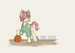 Size: 1581x1104 | Tagged: safe, artist:dreamingnoctis, butterscotch, fluttershy, pegasus, pony, alternate hairstyle, ball, basketball, clothes, ear fluff, male, rule 63, shirt, solo, sports, stallion, text, unshorn fetlocks