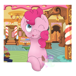 Size: 1024x1024 | Tagged: safe, artist:subtlebrush, pinkie pie, earth pony, pony, elderly, older, older pinkie pie, one eye closed, solo, tongue out, wink