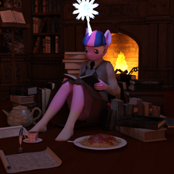 Size: 2000x2000 | Tagged: safe, artist:tahublade7, derpibooru import, twilight sparkle, anthro, plantigrade anthro, 3d, book, clothes, cup, daz studio, fireplace, food, magic, missing shoes, panties, pasta, quill, skirt, socks, spaghetti, story included, striped underwear, teacup, that pony sure does love books, underwear, upskirt