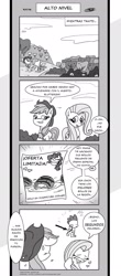 Size: 1024x2329 | Tagged: safe, artist:loreto-arts, applejack, fluttershy, pinkie pie, spike, dragon, earth pony, pegasus, pony, comic:friendship is innuendo, spanish, translation