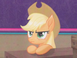 Size: 836x639 | Tagged: safe, applejack, earth pony, pony, my little pony: the movie, angry, applejack's hat, cowboy hat, cute, female, frown, glare, grumpy, grumpyjack, hat, jackabetes, leaning, looking at you, looking up, mare, solo, unhapplejack