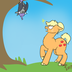 Size: 1024x1024 | Tagged: safe, artist:gale-hardy, applejack, oc, oc:vesperus rhopalocera, bat pony, earth pony, pony, colt, duo, female, hanging, hanging upside down, male, mare, next generation, offspring, parent:fluttershy, story included, tongue out, tree