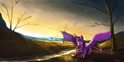 Size: 1264x632 | Tagged: safe, artist:auroriia, derpibooru import, twilight sparkle, twilight sparkle (alicorn), alicorn, pony, crepuscular rays, musical instrument, saxophone, scenery, solo, twilight (astronomy)