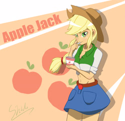 Size: 2411x2331 | Tagged: safe, artist:shidodo, applejack, equestria girls, belly button, belt, clothes, cowboy hat, cup, cute, denim skirt, eating, female, food, freckles, hat, midriff, moe, short shirt, skirt, stetson