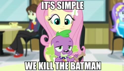 Size: 960x550 | Tagged: safe, edit, edited screencap, screencap, fluttershy, sophisticata, spike, dog, equestria girls, rainbow rocks, batman, caption, dog treat, hoomans, spike the dog, the dark knight, the joker, we kill the batman