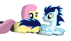 Size: 3019x1757 | Tagged: dead source, safe, artist:meandmyideas, fluttershy, soarin', pegasus, pony, crack shipping, female, looking at each other, looking back, male, mouth hold, shipping, simple background, soarinshy, straight, transparent background, vector