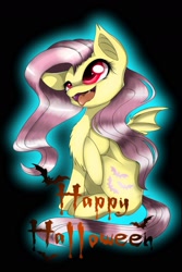 Size: 1200x1800 | Tagged: safe, artist:marilocoloco, fluttershy, bat pony, pony, black background, female, flutterbat, happy halloween, mare, race swap, simple background, solo