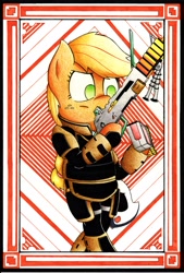 Size: 2213x3282 | Tagged: safe, artist:mustachedbain, applejack, anthro, earth pony, unguligrade anthro, arm hooves, chibi, clothes, female, freckles, green eyes, gun, mare, missing accessory, solo, weapon