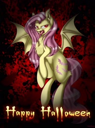 Size: 1529x2048 | Tagged: safe, artist:marilocoloco, fluttershy, bat pony, female, flutterbat, happy halloween, looking at you, mare, race swap, solo, tongue out