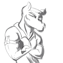 Size: 1000x1000 | Tagged: safe, artist:helloiamyourfriend, artist:yourfriendsalamisalamander, bulk biceps, /mlp/, 4chan, bust, clothes, crossed arms, grayscale, lidded eyes, male, monochrome, simple background, solo, white background