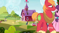 Size: 1366x768 | Tagged: safe, screencap, applejack, big macintosh, granny smith, rarity, sugar belle, earth pony, pony, unicorn, it isn't the mane thing about you, continuity, couple, discovery family logo, female, male, mare, shipping, stallion, straight, sugarmac, sweet apple acres