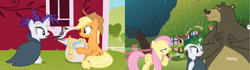 Size: 3840x1080 | Tagged: safe, screencap, applejack, fluttershy, harry, rarity, bear, bird, earth pony, mouse, pegasus, pony, squirrel, unicorn, it isn't the mane thing about you, woodpecker