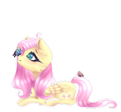 Size: 1024x951 | Tagged: safe, artist:luulyh, fluttershy, butterfly, pegasus, pony, cute, female, lying down, mare, shyabetes, simple background, solo, transparent background