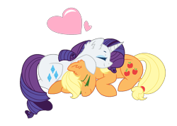 Size: 1208x856 | Tagged: safe, artist:blueberrysdrawings, applejack, rarity, earth pony, pony, unicorn, cuddling, ear fluff, female, heart, lesbian, mare, rarijack, shipping, simple background, sleeping, transparent background, vector