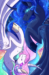 Size: 3850x5950 | Tagged: safe, artist:kittyisawolf, princess celestia, princess luna, alicorn, pony, colored pupils, curved horn, duo, fangs, glowing eyes, horn, mirrored, royal sisters, signature, yin-yang