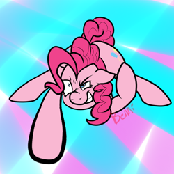 Size: 700x700 | Tagged: safe, artist:bennimarru, derpibooru exclusive, pinkie pie, earth pony, pony, abstract background, angry, fighting stance, simple background, smiling