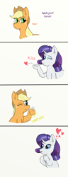 Size: 1000x2600 | Tagged: safe, artist:eulicious, applejack, rarity, earth pony, pony, unicorn, blowing a kiss, comic, female, floating heart, heart, lesbian, mare, one eye closed, rarijack, shipping, simple background, text, white background