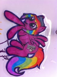 Size: 640x478 | Tagged: safe, artist:whipstitch, oc, oc only, pegasus, pony, badge, con badge, female, mare, rainbow sasha, solo