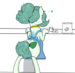 Size: 1651x1594 | Tagged: safe, artist:hipsanon, oc, oc:emerald jewel, apron, child, clothes, colt, colt quest, counter, egg, egg (food), femboy, flower, foal, food, kitchen, male, measuring cup, powder (substance), sack, simple background, strategically covered, tail bow, tail censor, trap, white background