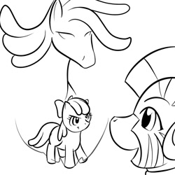 Size: 700x700 | Tagged: safe, artist:kloudmutt, apple bloom, zecora, zebra, monochrome