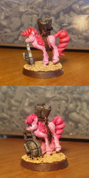 Size: 1000x2008 | Tagged: safe, artist:velgarn, pinkie pie, earth pony, pony, bomb, bomb squig, crossover, figurine, gaming miniature, jumping, miniature, ork, pewter ponies, warhammer (game), warhammer 40k, weapon