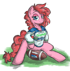 Size: 1677x1709 | Tagged: safe, artist:flutterthrash, oc, oc only, oc:cherryfiller, anthro, earth pony, american football, anatomically incorrect, arm hooves, bottomless, breasts, cleavage, clothes, female, incorrect leg anatomy, jersey, lidded eyes, looking at you, mare, messy mane, nfl, seattle seahawks, simple background, sitting, smiling, smirk, solo, white background