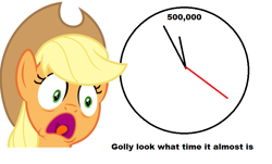 Size: 819x496 | Tagged: safe, derpibooru import, applejack, earth pony, pony, clock, derpibooru, just look at the time, meta, solo