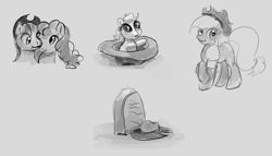 Size: 1489x849 | Tagged: safe, artist:xbi, applejack, earth pony, pony, applejack's hat, applejack's parents, baby, baby applejack, baby pony, cowboy hat, gravestone, grayscale, hat, monochrome, sketch, sketch dump