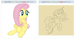 Size: 535x282 | Tagged: safe, derpibooru import, fluttershy, nightmare rarity, pegasus, pony, derpibooru, exploitable meme, juxtaposition, juxtaposition win, meme, meta