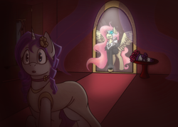 Size: 1514x1080 | Tagged: safe, artist:stuflox, fluttershy, rarity, pegasus, pony, unicorn, alternate hairstyle, clothes, crossover, dress, female, flarity, lesbian, mask, musical, open mouth, phantom of the opera, shipping, smiling