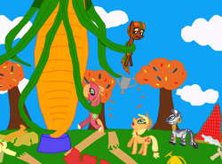 Size: 3000x2220 | Tagged: safe, artist:sb1991, applejack, big macintosh, carrot top, golden harvest, mayor mare, zecora, oc, oc:carrot root, earth pony, pony, zebra, apple, autumn, carrot, celebration, cloud, food, giant carrot, link in description, story art, tree, trophies, trophy