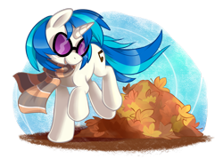 Size: 1665x1194 | Tagged: safe, artist:styxlady, dj pon-3, vinyl scratch, pony, unicorn, autumn, clothes, leaf, scarf, solo