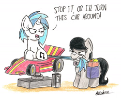 Size: 1880x1514 | Tagged: safe, artist:bobthedalek, dj pon-3, octavia melody, vinyl scratch, earth pony, pony, unicorn, angry, cute, dialogue, female, groceries, mare, octavia is not amused, open mouth, saddle bag, tail, tail pull, tavibetes, traditional art, unamused, vinylbetes