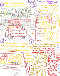 Size: 1280x1611 | Tagged: safe, artist:adorkabletwilightandfriends, apple bloom, applejack, oc, oc:deputy tucker, oc:firefighter spray, earth pony, pony, comic:adorkable twilight and friends, adorkable friends, ambulance, car, comic, dialogue, fire engine, firefighter, freckles, lineart, looking at each other, pickup truck, police car, sheriff, sitting, slice of life, traffic cone, tree, truck