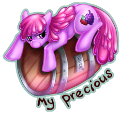 Size: 695x653 | Tagged: safe, artist:limreiart, berry punch, berryshine, earth pony, pony, barrel, cider, female, mare, my precious, possessive, prone, simple background, solo, transparent background