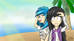 Size: 1600x900 | Tagged: safe, artist:linlaifeng, dj pon-3, octavia melody, vinyl scratch, human, a tropical octav3, clothes, female, humanized