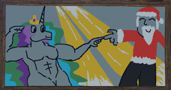 Size: 1106x579 | Tagged: safe, artist:lyracorn, princess celestia, alicorn, anthro, human, 1000 hours in ms paint, brolestia, christmas, crepuscular rays, hat, holiday, muscles, muscular female, princess musclestia, rust, santa claus, santa hat, the creation of adam, video game